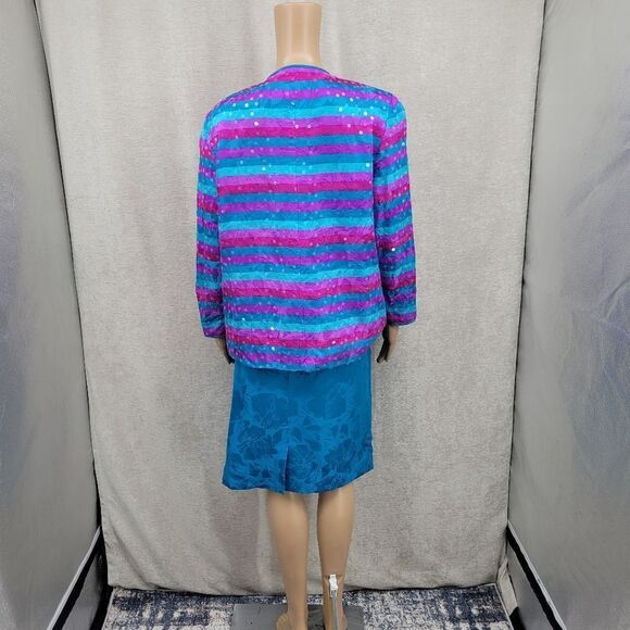 Anne Crimmins Vintage Matching Silk Skirt Set Blue Purple Fuschia Sequin Blazer - Picture 9 of 14
